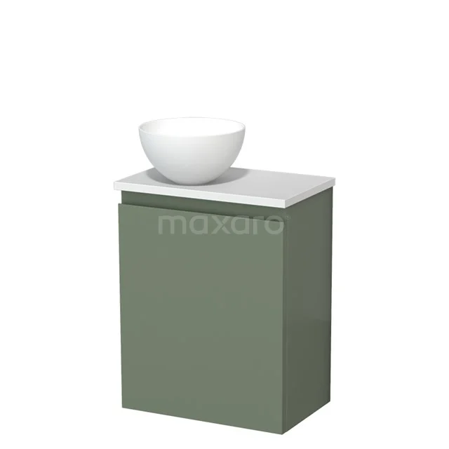 Grünes Badmöbel mit matter Oberfläche, weißer Marmor Waschtischplatte und runder schalenförmiger Waschbecken für einen modernen Badezimmerstil.