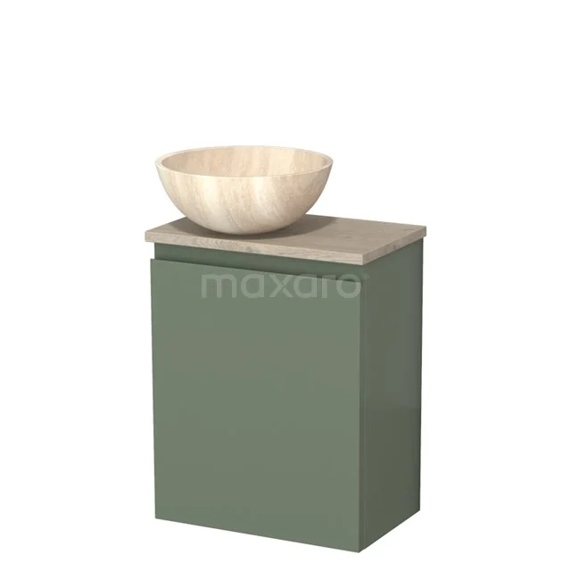 Groene badkamerkast met houten waskom, modern design, compact formaat, ideaal voor stijlvolle en functionele badkamerinrichting.