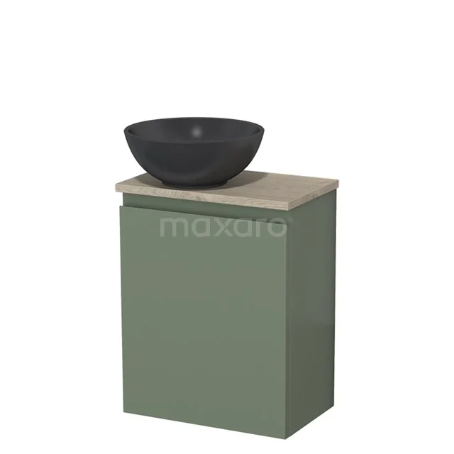 WC-Möbel mit Aufsatzwaschbecken | 41 cm Salbeigrün Grifflose Front Mattschwarz Quarz Aufsatzwaschbecken Hellgraue Eiche Platte TMK10-12981 Grüner Badschrank mit keramischem Aufsatzwaschbecken, Matt Schwarz, und einer Holzoptik Platte; ideal für eine moderne Badezimmer Einrichtung.