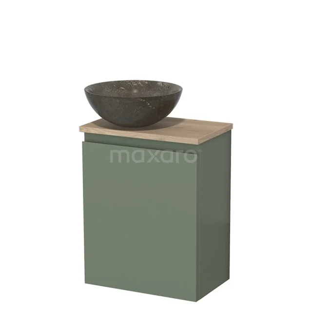 WC-Möbel mit Aufsatzwaschbecken | 41 cm Salbeigrün Grifflose Front Blaustein Naturstein Aufsatzwaschbecken Hellbraune Eiche Platte TMK10-12992 Grünes Badezimmermöbel mit Holzplatte und rundem Steingewaschbecken, kompaktes Design für moderne Bäder.