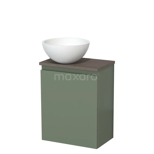 Grüner Badschrank mit Holzlook Platte und weißem schalenförmigen Waschbecken, kompaktes Design für moderne Bäder.