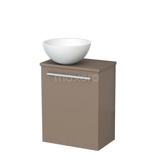 Wandhangend badkamerkastje beige met witte opzetkom, strak design, perfect voor een moderne badkamerinrichting.