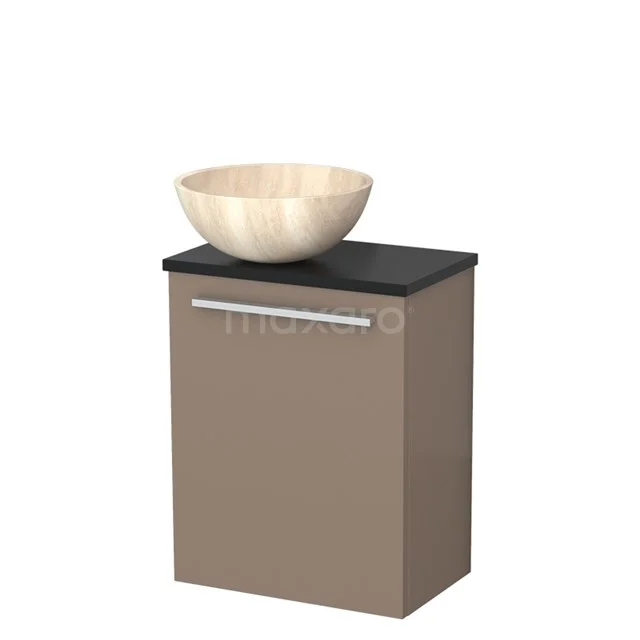Compact badkamermeubel met taupe kast, zwarte blad en beige stenen waskom. Stijlvol design voor moderne badkamers.