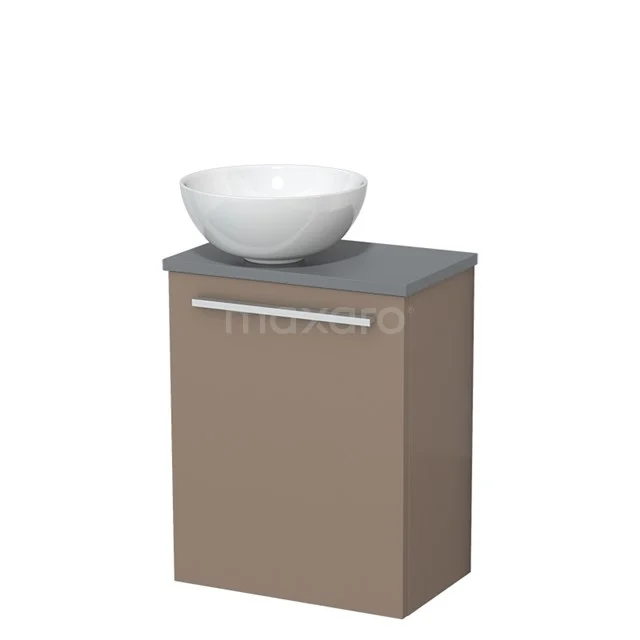 Bruin badkamerkastje met grijs blad en witte ronde waskom, modern design van houtmateriaal.