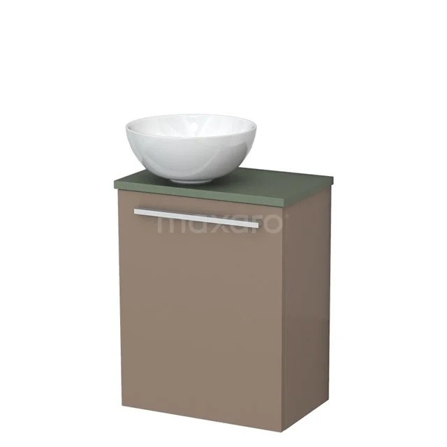 Beige badkamerkast met groen blad en witte waskom, compact design en modern, ideaal voor kleine badkamers.