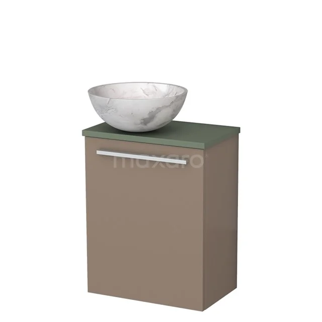 Modern badkamermeubel beige met groen blad en ronde waskom van marmer, perfect voor een stijlvolle badkamerinrichting.