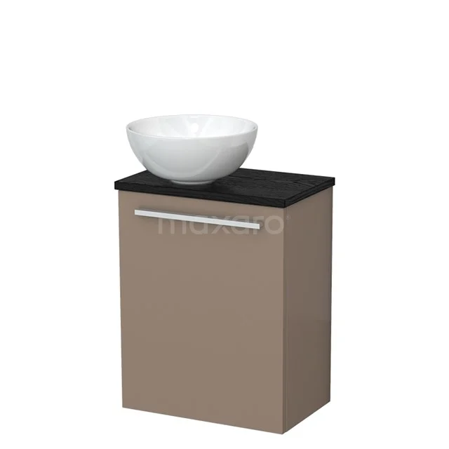 Toiletmeubel met waskom | 41 cm Taupe Vlak front Hoogglans wit Keramiek waskom Zwart eiken blad TMK10-11838