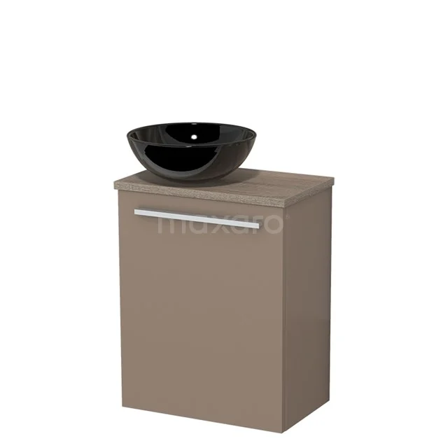 Toiletmeubel met waskom | 41 cm Taupe Vlak front Hoogglans zwart Keramiek waskom Eiken blad TMK10-11852