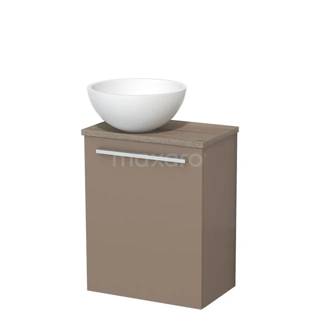 WC-Möbel mit Aufsatzwaschbecken | 41 cm Taupe Glatte Front Matt Weiß Solid Surface Aufsatzwaschbecken Platte Eiche TMK10-11856 Braunes Holz-Badmöbel mit weißem rundem Aufsatzwaschbecken, modernes Design, ideal für kompakte Bäder.