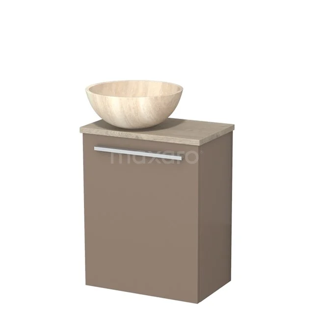 Beige wastafelonderkast met houten waskom, ideaal voor moderne badkamers, gemaakt van duurzaam materiaal.