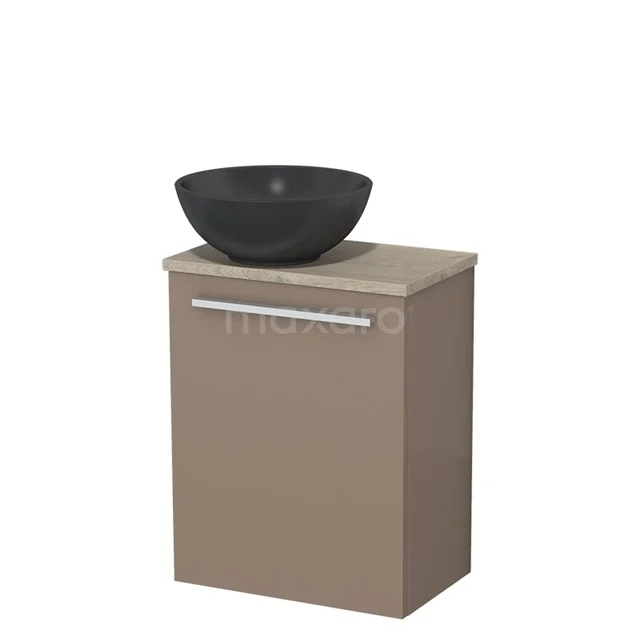 Beige badkamerkast met grijze ronde waskom, strak design en metalen handgreep. Perfect voor moderne badkamerinterieurs.
