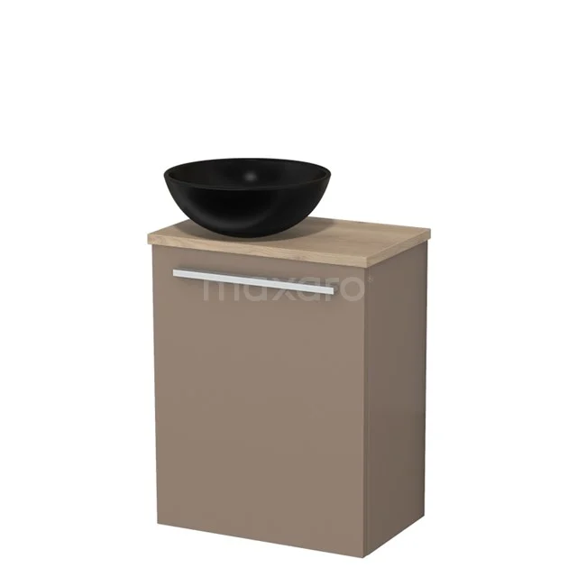 Toiletmeubel met waskom | 41 cm Taupe Vlak front Mat zwart Keramiek waskom Lichtbruin eiken blad TMK10-11879