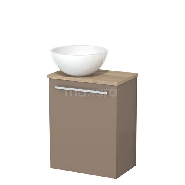 Toiletmeubel met waskom | 41 cm Taupe Vlak front Hoogglans wit Mineraalmarmer waskom Lichtbruin eiken blad TMK10-11881