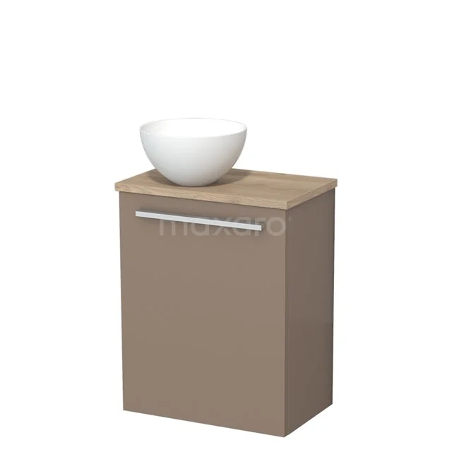 Compact beige badkamermeubel met houten blad en witte waskom, moderne uitstraling voor een stijlvolle badkamer inrichting.