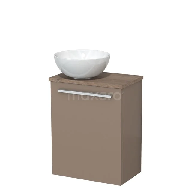 Bronskleurig badkamermeubel met witte waskom, strak design en softclose-deur, ideaal voor moderne badkamers.