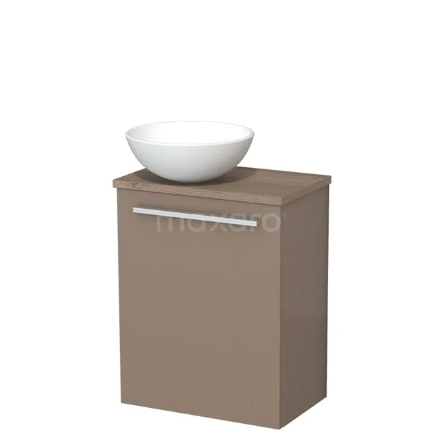 Taupe badkamermeubel met enkele deur en witte waskom, modern ontwerp, ideaal voor stijlvolle badkameropslag.