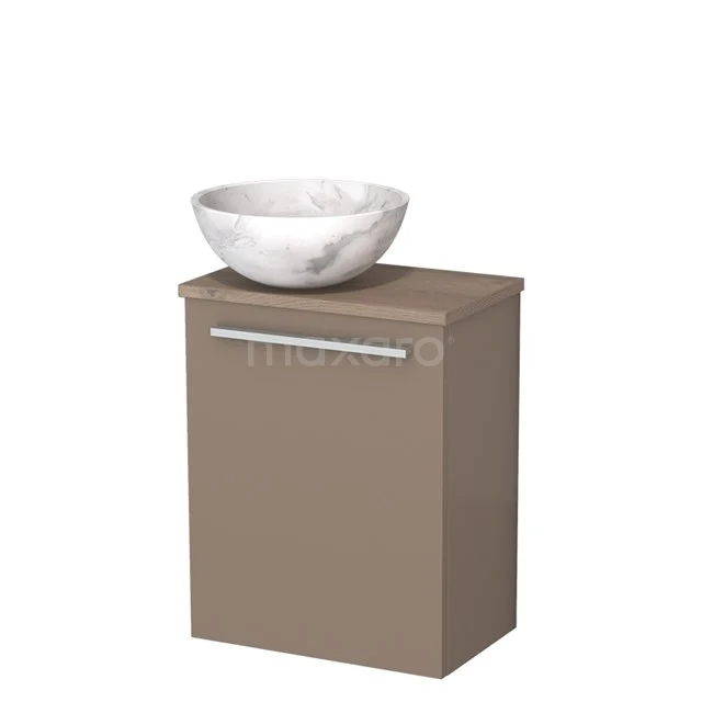 Toiletmeubel met waskom | 41 cm Taupe Vlak front Wit marmer Natuursteen waskom Middenbruin eiken blad TMK10-11897