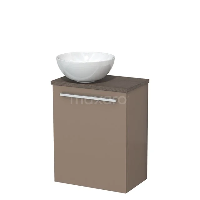 Compacte badkamerkast taupe met witte opzetkom, moderne muurkastdesign, ideaal voor kleine badkamers.