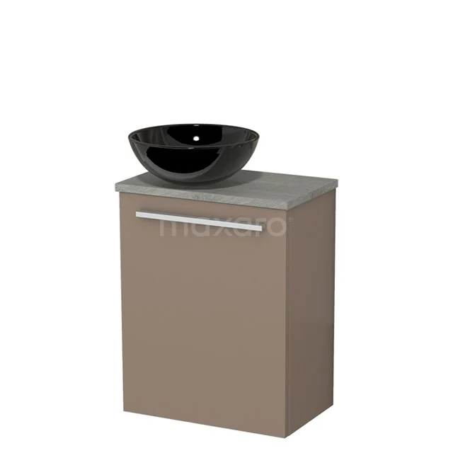 Bruine badkamerkast met grijs blad en zwarte waskom, compact design, ideaal voor moderne badkamerinrichting.