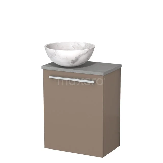 Wastafelmeubel met softclose deur in taupe, grijze top en marmeren waskom, ideaal voor een moderne badkamerinrichting.