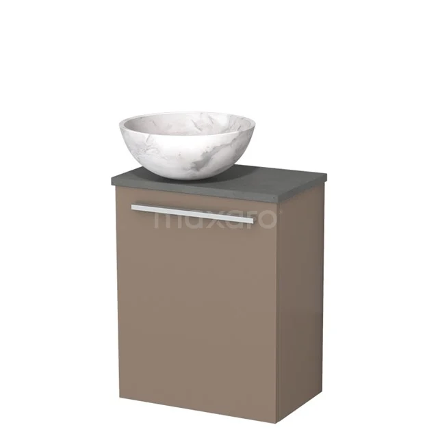 Badkamerkast taupe met grijs blad en ronde witte waskom, modern design, geschikt voor compacte badkameropstellingen.
