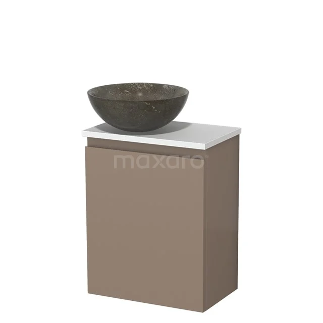 Wastafelmeubel met natuurstenen waskom, beige kastje en wit blad, ideaal voor een moderne badkamer.