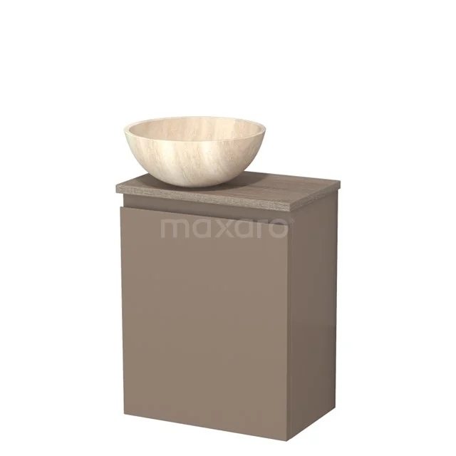 Toiletmeubel met waskom | 41 cm Taupe Greeploos front Travertin Natuursteen waskom Eiken blad TMK10-12080