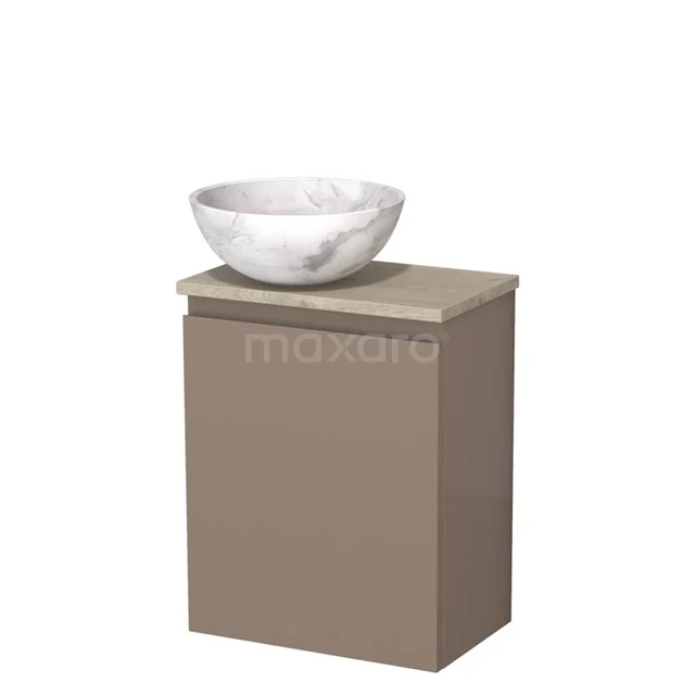 Toiletmeubel met waskom | 41 cm Taupe Greeploos front Wit marmer Natuursteen waskom Lichtgrijs eiken blad TMK10-12092