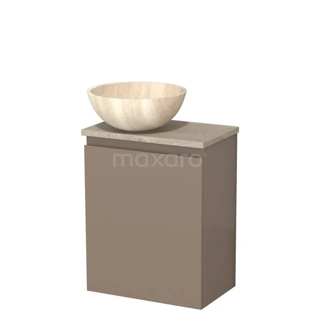 Compact beige badkamermeubel met natuurstenen waskom, modern design en houtlook afwerking.
