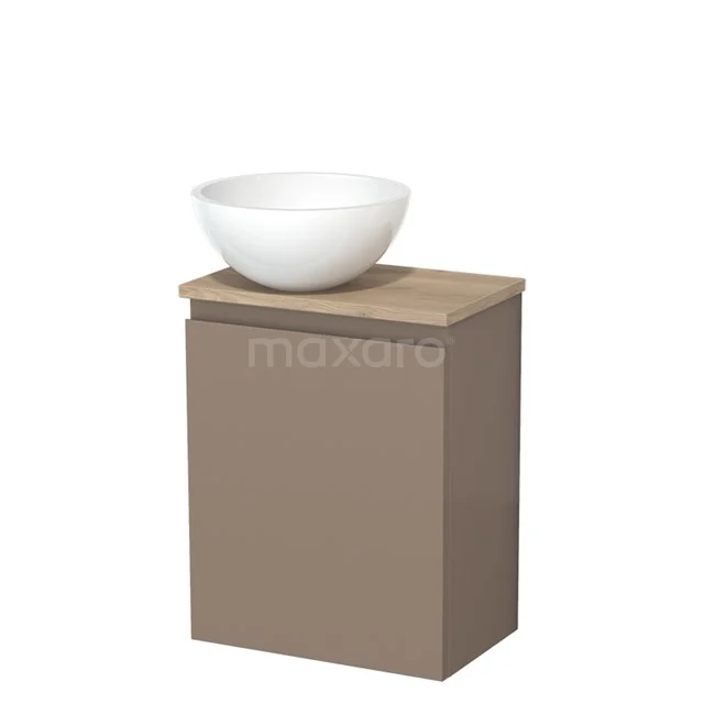 Toiletmeubel met waskom | 41 cm Taupe Greeploos front Hoogglans wit Mineraalmarmer waskom Lichtbruin eiken blad TMK10-12102