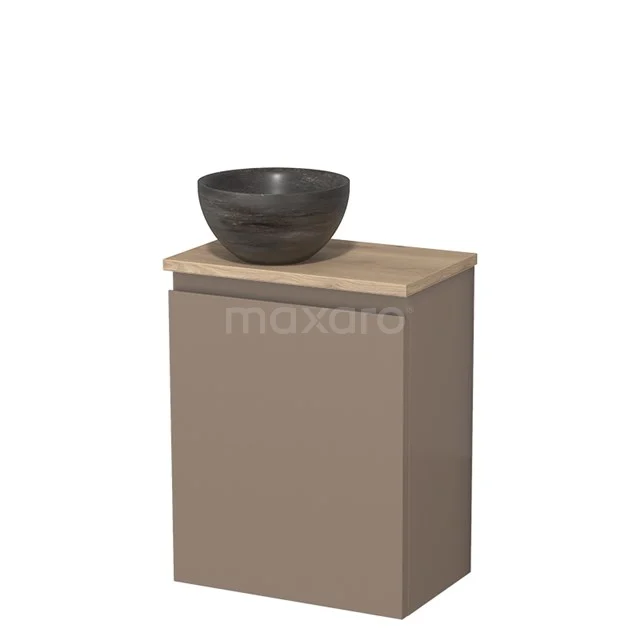 Beige badkamermeubel met houten blad en ronde zwarte wastafel, ideaal voor een moderne badkamerstijl.