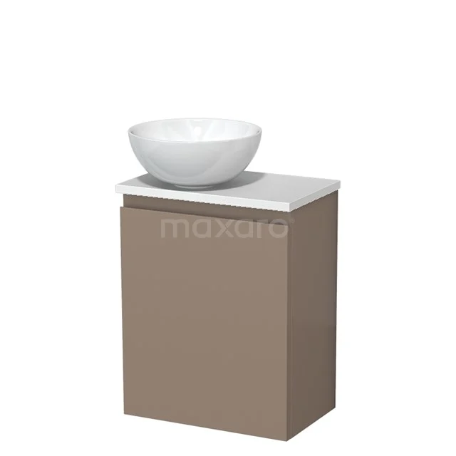 Badkamerkast taupe met witte komvormige wastafel, modern design, houtlook, perfect voor compacte badkamers.
