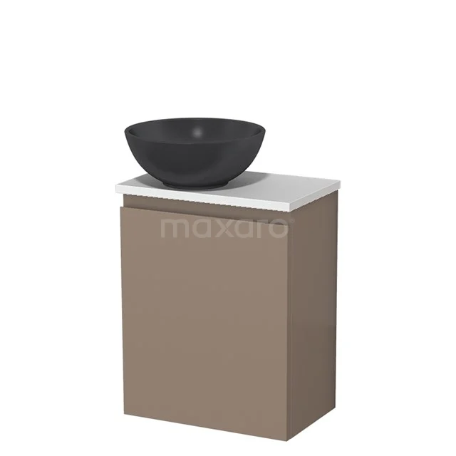 Compacte beige badkamermeubelset met zwart stenen waskom en wit blad, ideaal voor moderne badkamerinrichting.