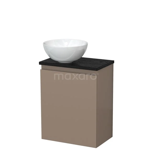 Beige badkamermeubel met witte keramische waskom en zwart blad, compact ontwerp voor moderne badkamers.