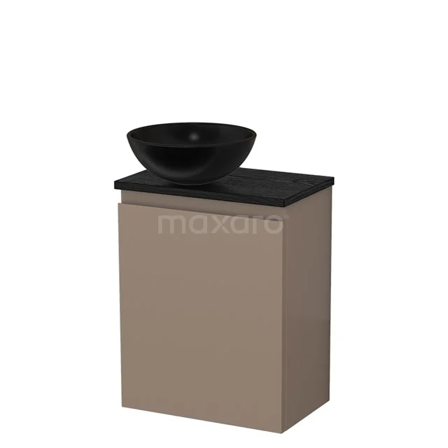 Beige badkamermeubel met zwart stenen waskom, modern ontwerp, geschikt als compacte wastafel voor kleine badkamers.