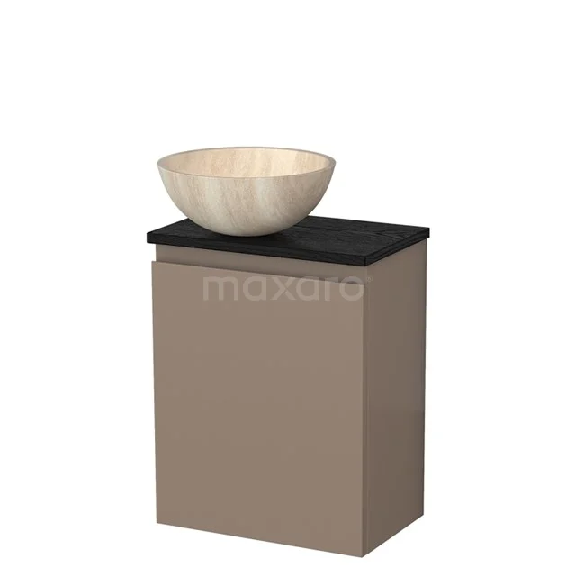 Beige badmeubel met zwart wastafelblad en een ronde keramische waskom, perfect voor een moderne badkamer inrichting.