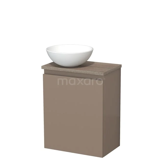 Compact badkamermeubel, taupe kast met witte ronde waskom, moderne designstijl, ideaal voor kleine badkamers.