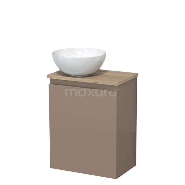 Beige badkamermeubel met houtlook en ronde witte kom, ideaal voor een moderne badkamer inrichting.