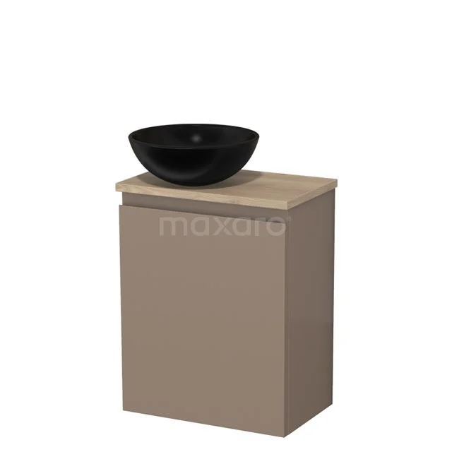Beige badkamermeubel met houten afwerking en zwarte ronde waskom, ideaal voor een moderne badkamerinrichting.