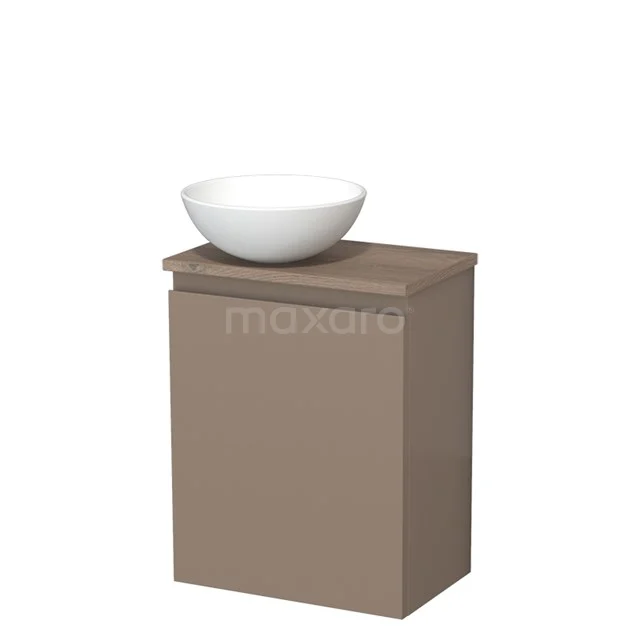 Compact beige badkamermeubel met wit keramische waskom, modern design en opbergruimte, ideaal voor kleine badkamers.