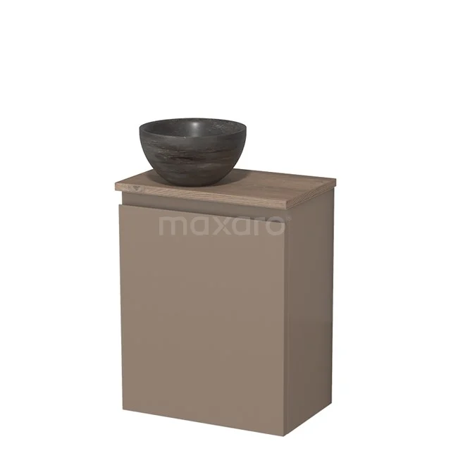 Bruin wastafelmeubel met opzetkom in antraciet keramiek, strak design en ideaal voor moderne badkamers.