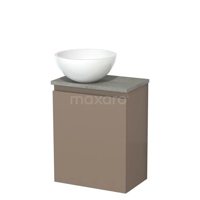 Bruine badkamerkast met grijze bovenkant en witte ronde wastafel, compact ontwerp voor moderne badkamers.