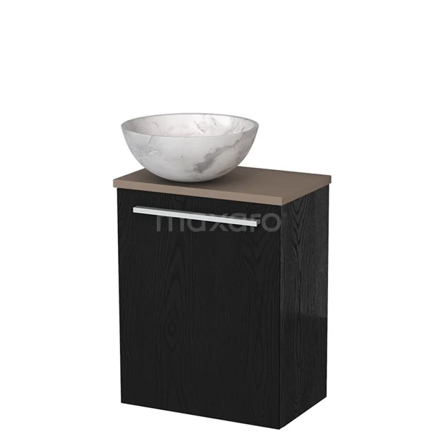 Schwarzer Badschrank mit Holzplatte und rundem weißen Aufsatzwaschbecken, modernes Design, ideal für stilvolle Badezimmereinrichtungen.