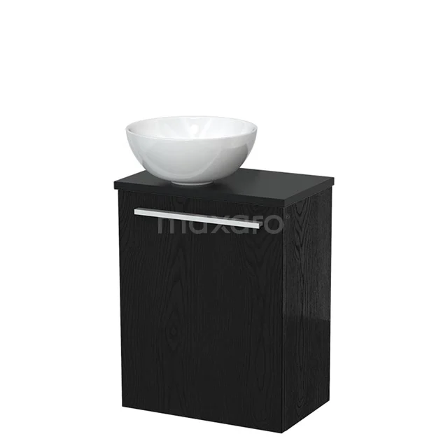 Zwart badkamermeubel met lade, keramische ronde witte wastafel, modern design en strakke afwerking.