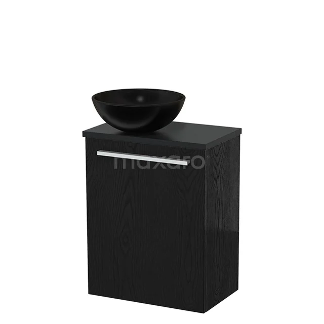 Zwart zwevend badkamermeubel met glanzende waskom en softclose deur, stijlvolle toevoeging voor een moderne badkamer.