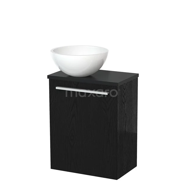 Zwarte badkamerkast met witte ronde waskom, modern design en metalen handgreep, ideaal voor compacte badkamers.