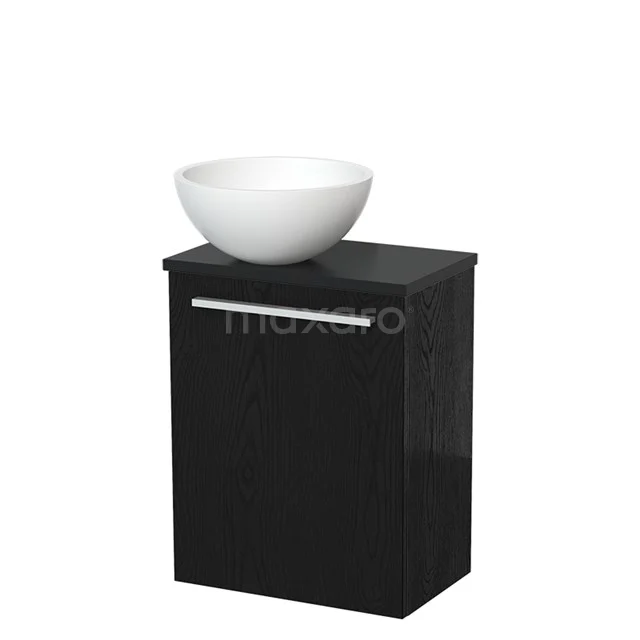 Zwarte badkamermeubelset met kast en witte ronde waskom, strak design, ideaal voor moderne badkamers.