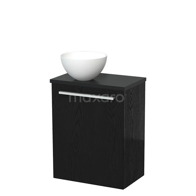 Zwart badkamermeubel met houtafwerking, witte ronde wastafel en metalen handgreep, perfect voor een moderne badkamerstijl.