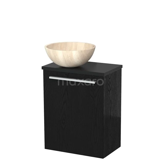 Zwarte badkamerkast met natuurstenen wastafel, modern design, voorzien van een metalen handgreep.