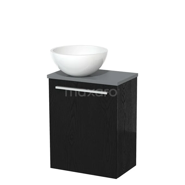 Zwart badkamermeubel met wastafelkom, strak design, glanzende afwerking en handgreep; ideaal voor stijlvolle badkamerinrichting.